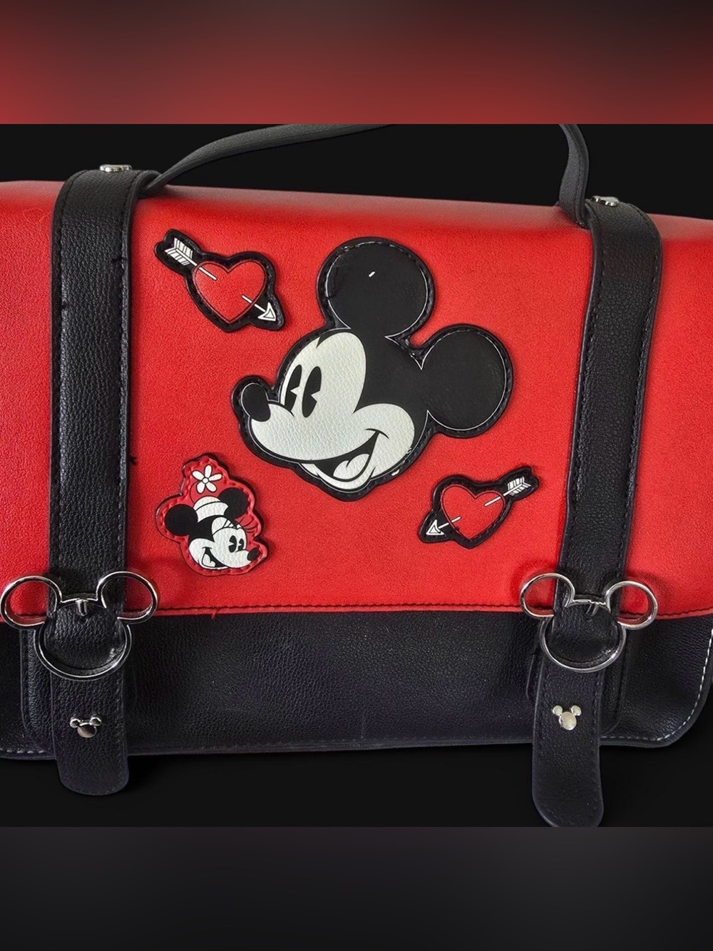 Disney Red and Black Mickey & Minnie Patch Satchel Chest Style Crossbody Bag